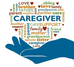 Care4YOU caregiver mark: a hand holding a heart made of words like caregiver, family and love